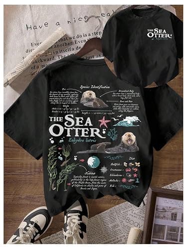 RoseSeek Women's Sea Otter Print Graphic Tees Cute Short Sleeve Crew Neck Casual Summer T Shirts thumbnail 4