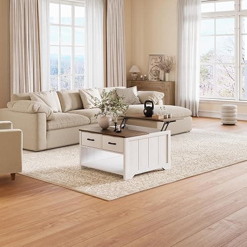 Vividwood Farmhouse Lift Top Coffee Table with Storage, Rustic Square Wood Coffee Table with Large Hidden Compartment & 2 Drawers & Open Shelf, Multifunctional Lift-Top Center Table for Living Room thumbnail 3