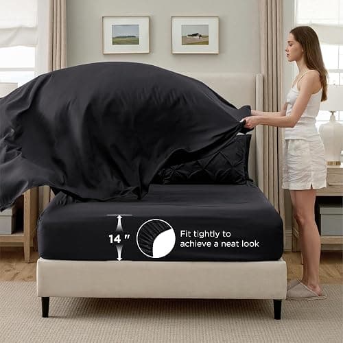 Bedsure Oversized Queen Comforter Set Black - Bed in a Bag Bedding Set 7 Pieces, GentleSoft™ Pintuck Bed Set Gift for Family, Pinch Pleat All Season Comforter with Sheets, Pillowcases & Shams thumbnail 5