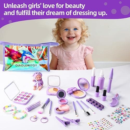 DIAOLEWITOY Pretend Makeup Kit for Girls - 30-Piece Play Cosmetic Set, Birthday Gift for Kids Ages 3-6 Years Old (Purple) thumbnail 6
