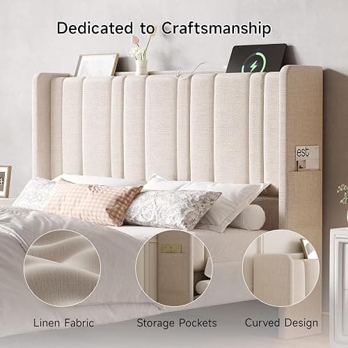Queen Size Headboard with LED Light & Charging Station, Off White Linen | Wingback Upholstered Headboard Queen, Vertical Channel Stitched Head Board, High-Density Sponge Padding, 2 Storage Pockets thumbnail 6