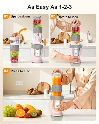 HoninJoy Smoothie Blender, 650W Personal Blenders for Shakes and Smoothies with Grinder Cup & 2 BPA-Free Portable Cups (20oz+14oz), Portable Blender for Juices, Smoothies Maker for Kitchen, Pink thumbnail 5