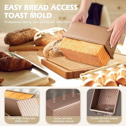 Dipanist 2Pack Pullman Loaf Pans with Lids – 2.2 LB & 1 LB Dough Capacity, Non-Stick Carbon Steel Bread Pans for Homemade Sandwich and Sourdough Bread, Corrugated Toast Mold thumbnail 6