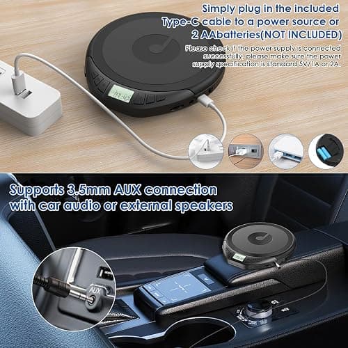 Gueray CD Player Portable CD Dsicman: with Earphones for Car with Anti-Skip Shockproof with LCD Display Support PROG Memory Repeat Function (Black) thumbnail 5