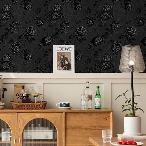 LaiTique Gothic Rose Wallpaper – Black Floral Textured Peel and Stick Wallpaper, Self-Adhesive Vinyl for Home Decor, 17.7in x 236in thumbnail 8