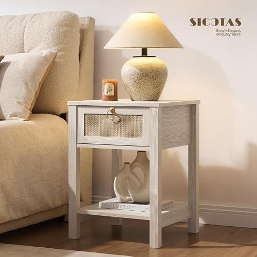 SICOTAS White Nightstand Set of 2,Rattan Decor Drawer with Brass Knobs Night Stand Bedside Table Boho End Tables Side Tables with Storage Shelf for Bedroom,Small Space thumbnail 5