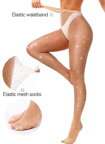 VEBZIN Sexy Sparkly Fishnets Stockings Jeweled High Waist Fishnet Tights for Women Rhinestone Party Pantyhose thumbnail 4