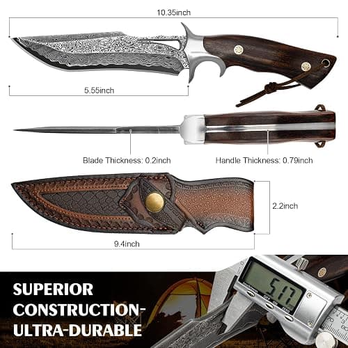 10.4''Damascus Bowie Hunting Knife | Full Tang Fixed Blade with VG10 Core & Leather Sheath,Adventure,Survival,Hiking,Camping,Ideal Gift Knives for men women, thumbnail 2