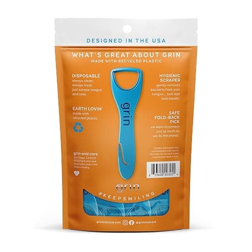 GRIN Tongue Cleaner, 32 Count, Disposable Tongue Cleaner, Hygienic Scraper, Recycled Plastic, Clean Tongue, Promote Fresh Breath, Includes Safe Fold- Back Tooth Pick (Pack of 2) thumbnail 3