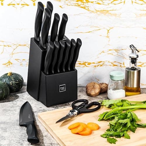 Knife Set, HUNTER.DUAL 15 Pcs Kitchen Knife Set with Block Self Sharpening, Dishwasher Safe, Anti-slip Handle, Black thumbnail 2