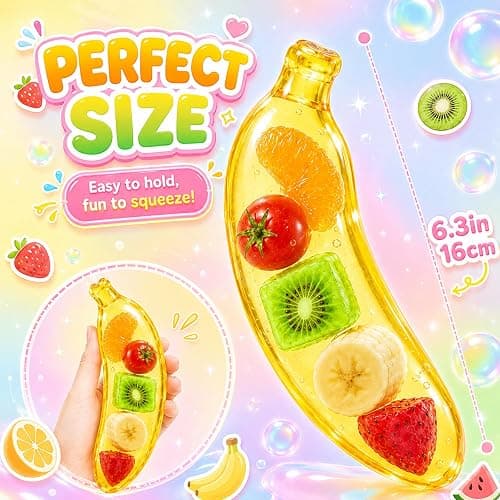 Clear Banana Squishy Toy with Colorful Fruit, Squeeze Stress Relief Toy | Slow Rising Banana Fidget Toys, Soft Anxiety Relief Sensory Toys, Realistic Fruit Shape Squeeze Toys, Birthday Party Favors thumbnail 2