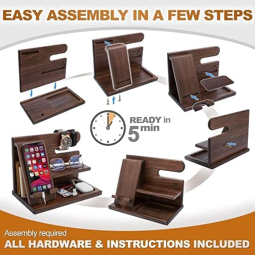TESLYAR Wood Phone Docking Station for Men - Desktop or Nightstand Organizer - Birthday Gifts for Men, Dad - Anniversary Idea from Wife - Key Holder, Stand Wallet, Watch & Essentials (Bourbon Brown) thumbnail 7