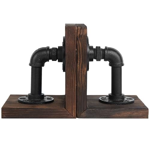 MyGift Book Ends Decorative, Bookends for Shelves, Metal Bookends for Heavy Books, Office Decor for Men, Wood Book Stopper, Realistic Industrial Pipe Design, Dark Brown thumbnail 6