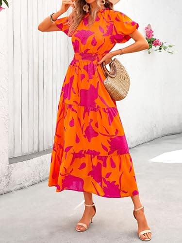 MASCOMODA Summer Maxi Dresses for Women 2025 Casual V Neck Puff Short Sleeve Smocked Flowy Beach Boho Long Floral Dress thumbnail 3