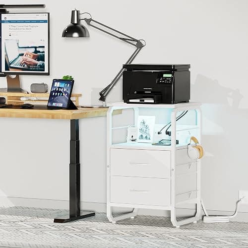 runjuly Night Stand with Charging Station, Bedside Table with Drawers, AC Outlets & USB C Ports, Bedroom Nightstand with Hooks, Metal End Table for Bedroom, Office, Dorm (White) thumbnail 2