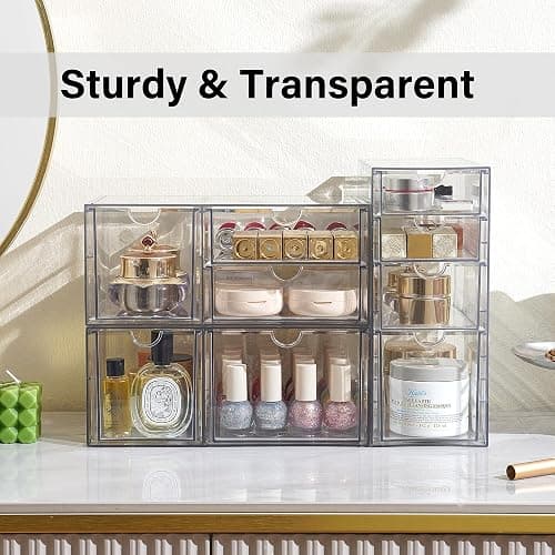 Prsildan Acrylic Drawer Makeup Organizer with 9 Drawers, Set of 3 Office Desk Organizers Accessories, Clear Stackable Storage Drawers for Vanity, Countertop, Craft, Jewelry, Art Supply Organization thumbnail 9