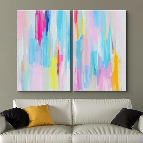 SIGNLEADER Framed Canvas Print Wall Art Set Vibrant Blue Pink Pastel Stripes Abstract Shapes Digital Art Modern Art Decorative Minimal Relax/Zen for Living Room, Bedroom, Office - 16"x24" x 2 thumbnail 2