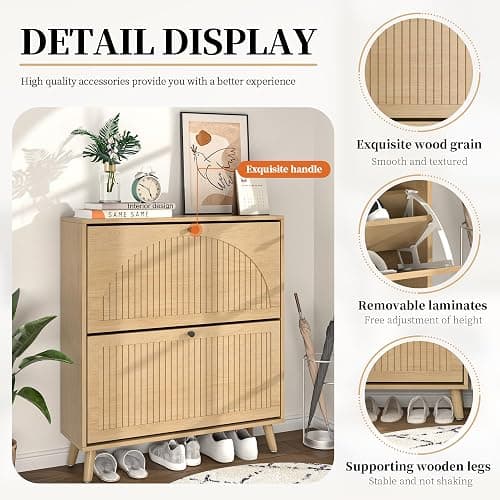 Fsbecl Shoe Storage Cabinet for Entryway with 2 Flip Drawers, Narrow Wood Shoe Cabinet with Fluted Panel, Freestanding Hidden Shoe Organizer for Foyer, Hallway (Wood Color) thumbnail 4