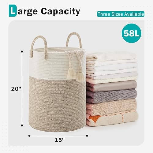 Cotton Rope Laundry Hamper by YOUDENOVA, 58L - Woven Collapsible Laundry Basket - Clothes Storage Basket for Blankets, Laundry Room Organizing, Bedroom Storage, Clothes Hamper – Brown thumbnail 3