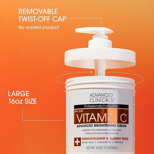 Advanced Clinicals Vitamin C Cream. Advanced Brightening Cream. Anti-aging cream for age spots, dark spots on face, hands, body. Large 16oz. thumbnail 2