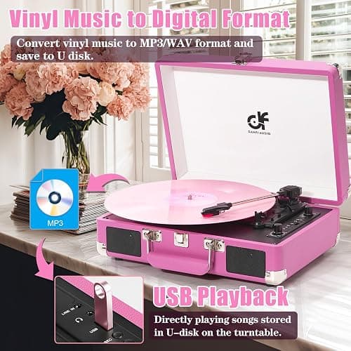 Record Player, Vintage 3-Speed Suitcase Turntable with Built-in 2 Speakers,USB Recording Vinyl to MP3, Bluetooth 3 Speed 3 Size Portable Record Player for Music Lovers Hot Pink thumbnail 9