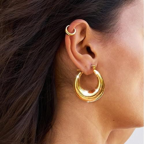 Chunky Gold Hoop Earrings for Women, 14k Gold Plated Thick Triple Hoop Earrings Hypoallergenic Trendy Chunky Gold Hoops Earrings Dainty Jewelry Gifts for Women thumbnail 4