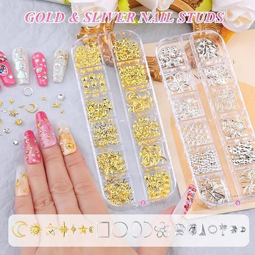 12 Boxes Nail Gems and Charms, Gold Charms for Nails Rhinestones Kit with 30 Sheets Nail Art Stickers Crystals Flatback Pearls Nail Decals Fruit Nail Charms Pearls for Nails Design DIY Accessories thumbnail 5