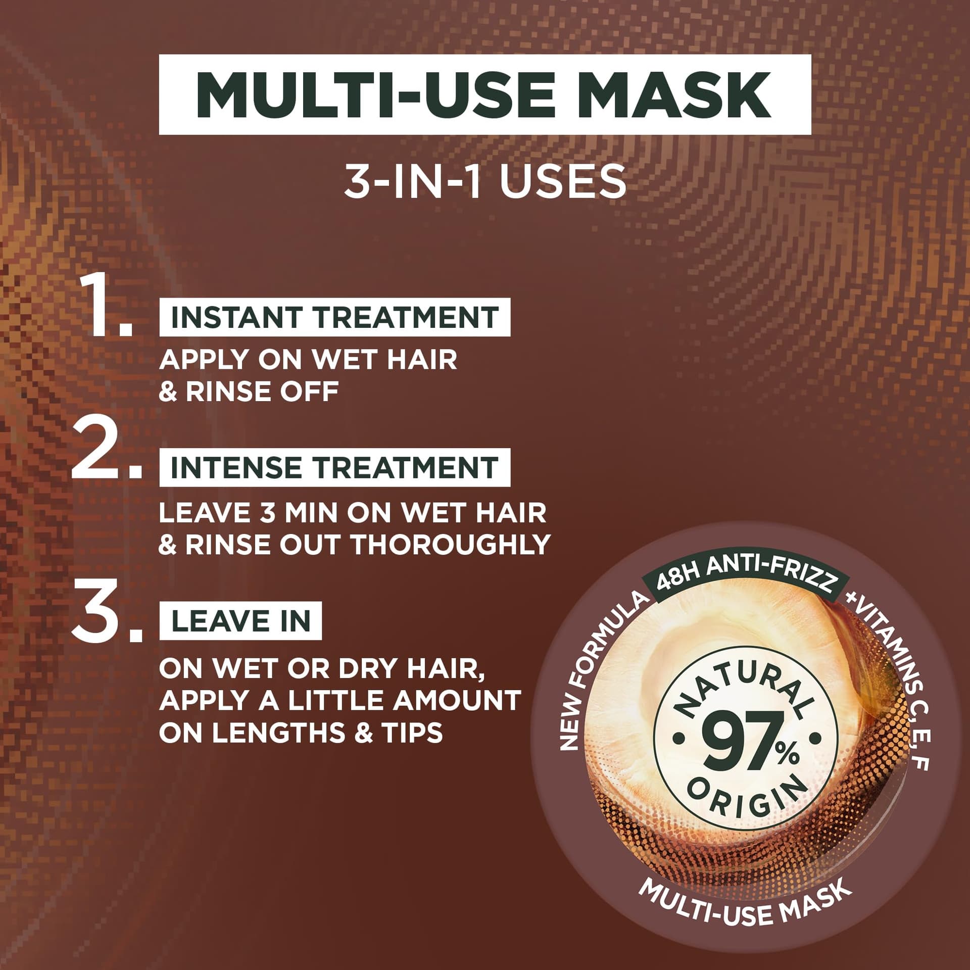 Garnier Fructis Hair Food Smoothing Macadamia 3-in-1 Hair Mask Treatment, Frizz Control for Dry Hair - Vegan, 98% Natural Origin, Silicone-Free, Tames and Softens Hair for a Smooth Finish, 390ml thumbnail 6