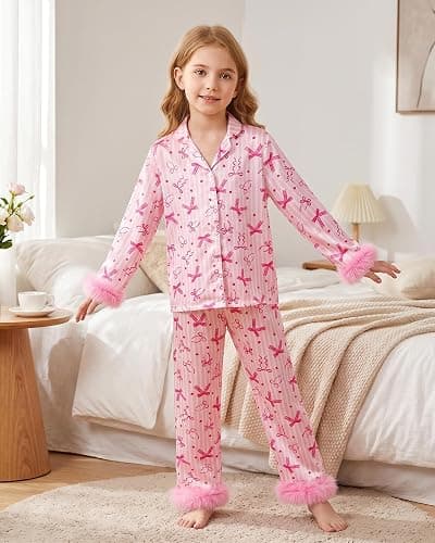 CARETOO Girls 2 Piece Pajamas Set Satin Sleepwear Long Sleeve Jammies for Kids Button-Down Nightwear Loungewear 4-12 Years thumbnail 4