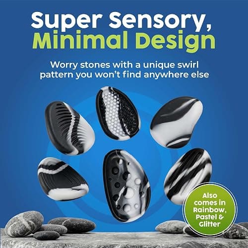 BUNMO Sensory Fidget Stones – 6pk Marble | Silicone Worry Stones for Kids Ages 3+ | Portable, Textured, Quiet Sensory Stones for Hands-On Play thumbnail 9