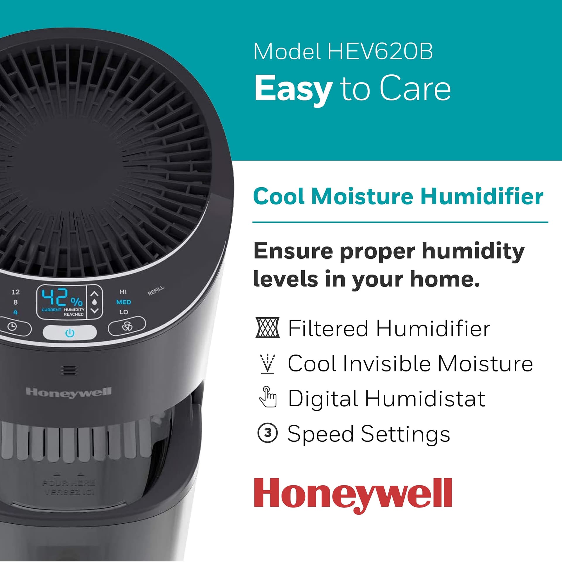 Honeywell Umidificador de torre de preenchimento superior, umidistador digital, preto - umidificador de névoa fresca para quarto, casa ou escritório com design de torre de economia de espaço thumbnail 2