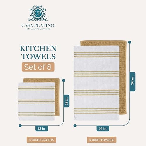 Casa Platino Kitchen Dish Cloths and Dish Towels, 8 Pc Cotton Set with Dual Designs for Drying and Surface Care, Soft and Stylish Helpers for Warm-Toned Kitchens – Beige thumbnail 2