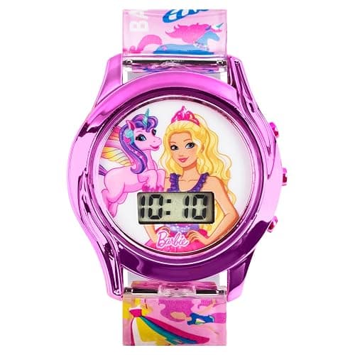 Mattel Barbie Kids Digital LCD Watch with Curved Bezel, Flashing Dial Lights and Printed Pink Strap Featuring Barbie and Unicorn Graphics Ages 4+ Fits Wrists 5.5"-8" thumbnail 6