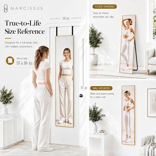 NARCISSUS Full Length Mirror 57x16 Inch, Over The Door Mirror with Stand, Wall Mounted or Freestanding/Door Hanging Full Body, Aluminum Alloy Frame, Gold thumbnail 3