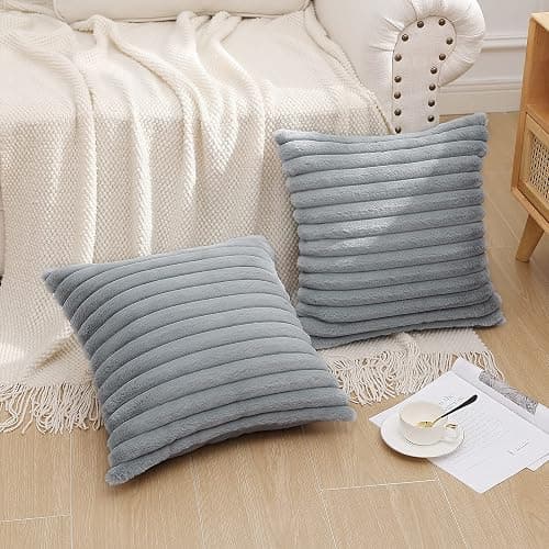 Pallene Faux Fur Plush Throw Pillow Covers 18x18 Set of 2, Luxury Soft Fluffy Striped Decorative Pillow Covers for Sofa, Couch, Living Room, Grey thumbnail 6