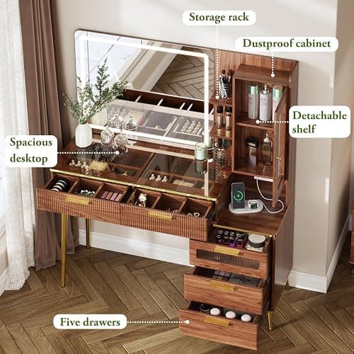 Chrangmay 47.24" Big Modern Vanity Desk with Mirror and Lights,Makeup Vanity Desk with 5 Drawers and Storage Shelves & Power Outlet,Dressing Table with Glass Top, Brown thumbnail 4