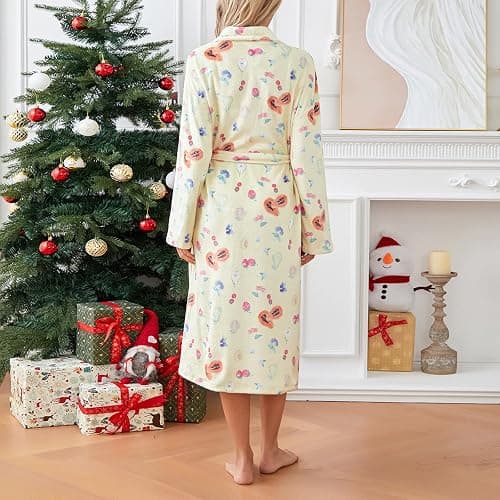Owl's-Yard Women's Soft Summer Dressing Gown Floral Fruit Print Plush Shawl Collar Bathrobe Warm Lounge Robe with Belt thumbnail 6