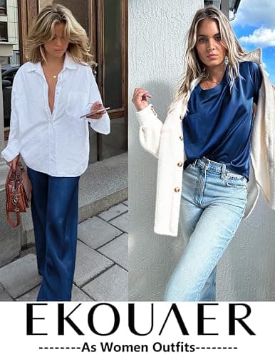 Ekouaer Womens Satin Silky Pajama Set Short Sleeve Shirt with Long Pajama Pant Set Soft PJ Loungewear - Navy Blue - Large thumbnail 5