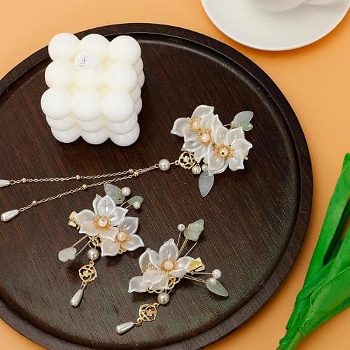 5 Pcs Camellia Flower Tassels Hairpins Set, Chinese Hanfu Crystal Rhinestone Pearl Hair Clips, Retro Wedding Brides Hair Accessories for Women thumbnail 4