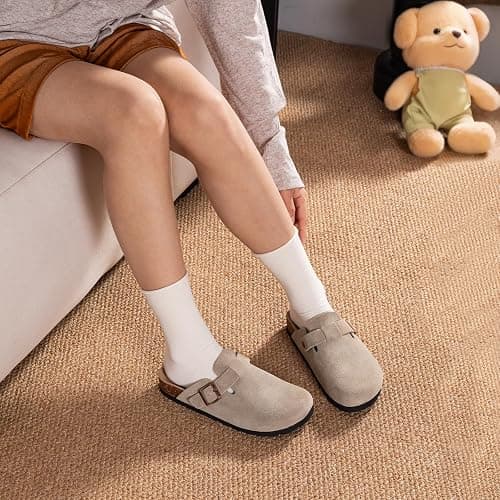 IIITHREE Women's Suede Clogs Cork Footbed Clogs for Women Soft Leather Adjustable Buckle Slip-on Potato Shoes Sandals thumbnail 8