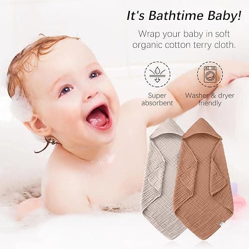 SWEET DOLPHIN Muslin Hooded Baby Bath Towels - 2 Pack 100% Cotton Towel for Babies, Infants, Toddlers - 32x32Inch - Highly Absorbent and Newborn Essential, Light Bean Paste thumbnail 3