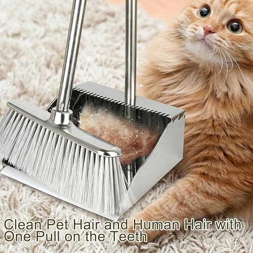 Metal Dustpan with Broom Set, Long Handle Stainless Steel Dustpan,Heavy Duty Standing Dust Pan with Teeth, Indoor Outdoor Up for Home Kitchen Lobby Room Office thumbnail 5