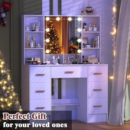 Umeiga Vanity Desk with Mirror and Lights, Large Makeup Vanity Table Set with Drawers, White Vanity with Lighted Mirror for Bedroom, Dressing Table for Teen Girls and Adult Women H3240 thumbnail 2