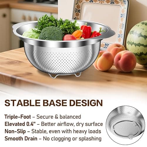 Stainless Steel Colander for Kitchen, Stainless Steel Strainer, Pasta Strainer for Spaghetti Fruit Vegetable Cooking Food, 3 Pcs Strainers and Colanders(2QT, 3QT, 5QT), Dishwasher Safe, Kitchen Gift thumbnail 4