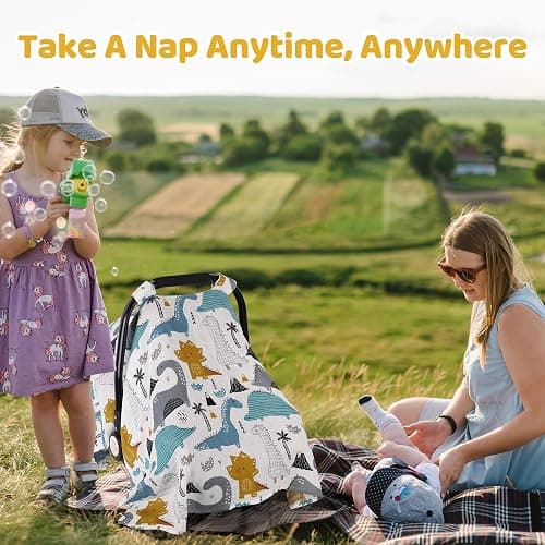 Rquite Dinosaurs Carseat Cover - Muslin Cotton Infant Car Seat Canopy, Breathable Baby Carrier Cover, Summer Stroller Sun Shade thumbnail 2