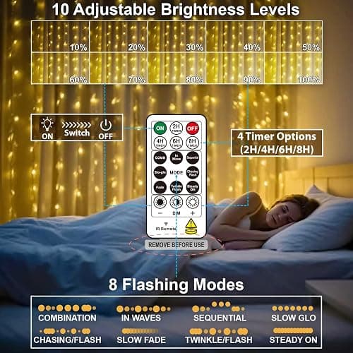 HXWEIYE 300LED Fairy Curtain Lights, 9.8x9.8Ft USB Plug-in 8 Modes Christmas String Hanging Lights with Remote for Bedroom Backdrop Wedding Indoor Wall Decor, Warm White, Standard – 1 Pack thumbnail 4