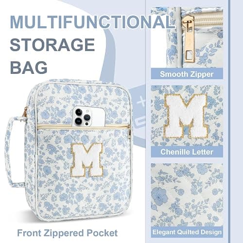 Personalized Initial Bible Cover Case for Women Girls Kid - Large Quilted Bible Case with Handle, Stylish Chenille Letter Bag Study Supplies, Perfect Christmas Gifts for Christians (Blue Flower-M) thumbnail 5