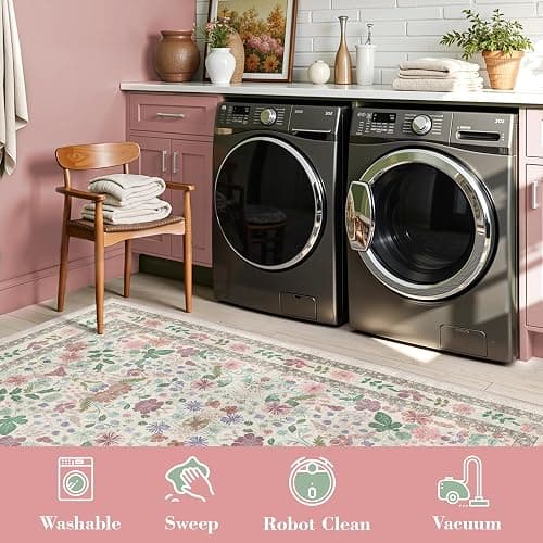 Boho Floral Area Rug 6x9 for Living Room- Deerly Vintage Large Washable Non-Slip Bedroom Carpet Soft Low Pile Thin Floor Mat Indoor for Dining Room Playroom Nursery Farmhouse, Beige/Light Pink/Multi thumbnail 6