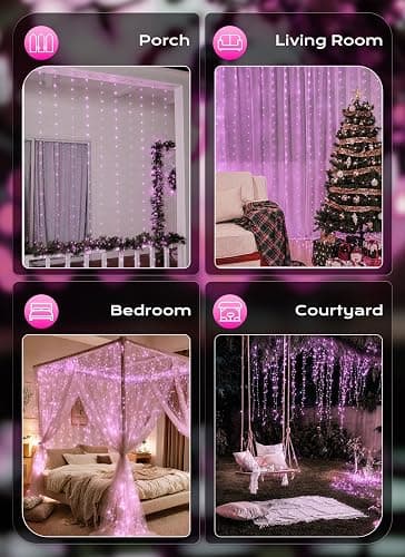 Brightown 300 LED Pink Fairy Curtain Lights, 9.8ft x 9.8ft String Lights | USB Plug in 8 Lighting Modes Christmas String Hanging Lights with Remote for Bedroom Indoor Outdoor Xmas Valentine's Day thumbnail 8