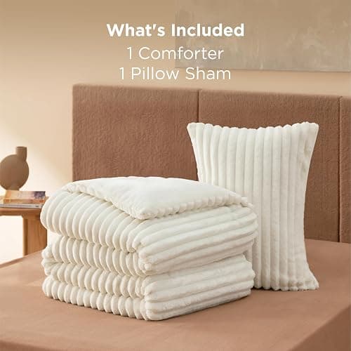 Bedsure Fluffy Comforter Set Twin - Super Soft Faux Fur Bed Set Cream White, Warm Plush Fleece Winter Bedding, 2 Pieces, 1 Shaggy Fuzzy All Seasons Twin Size Comforter with 1 Pillowcase thumbnail 9
